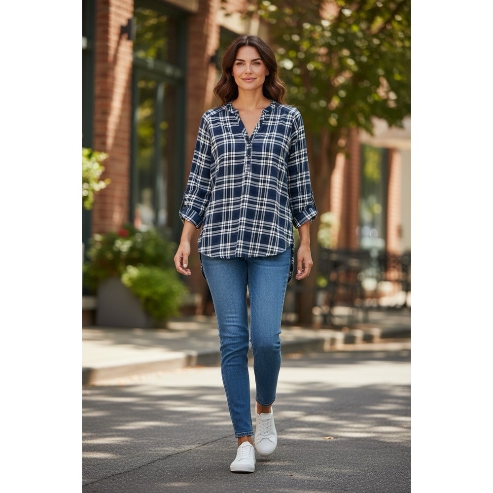 Mason & Belle Navy White Plaid Roll‎ Tab Tunic Blouse Size L NWT